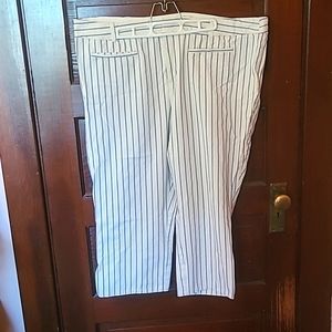 Anthropology, Cropped, Low rise, Flat front, cream and blue striped pants.